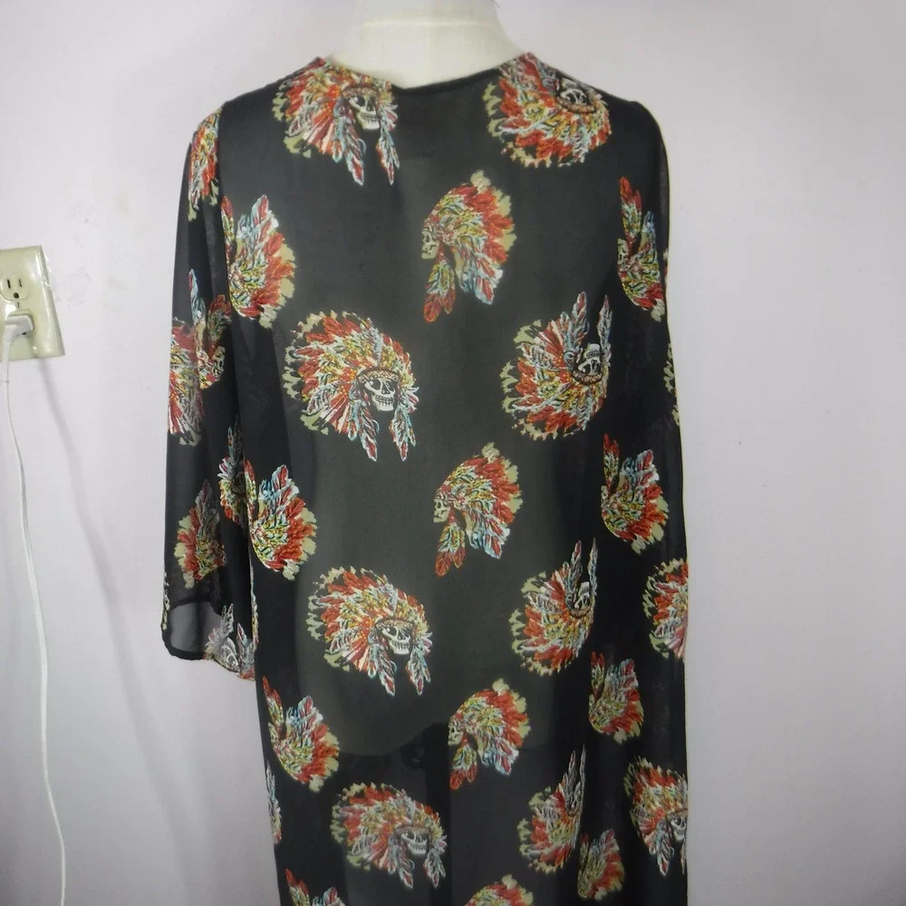 Giddy‎ Up Glamour Skull Headdress Kimono Cardigan Black High Low Sheer XL 1410